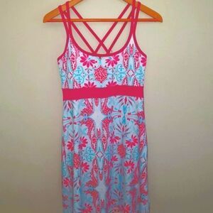 LOLA Athletic Sports Dress Fuchsia, Turquoise White Flower Pattern A-Line MEDIUM